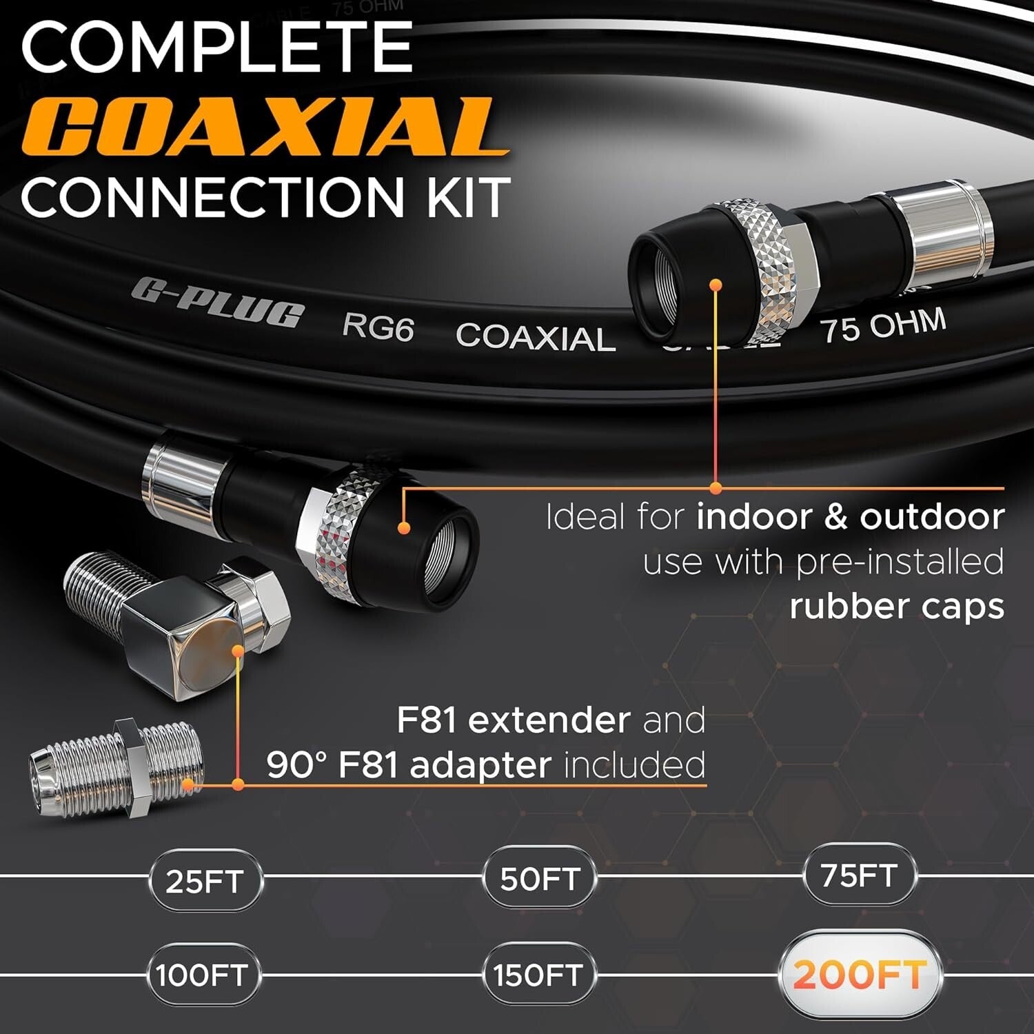 Quad Shielded RG6 Coaxial Cable 200FT - Optimal Signal for Indoor & Outdoor Use