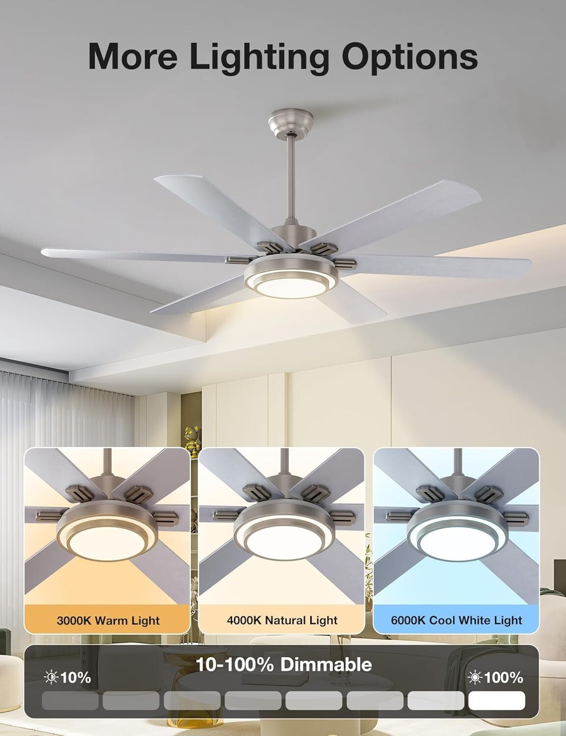 Elegant Ceiling Fan with Lights - 62 Inch, Timer, Remote, Brushed Nickel Finish