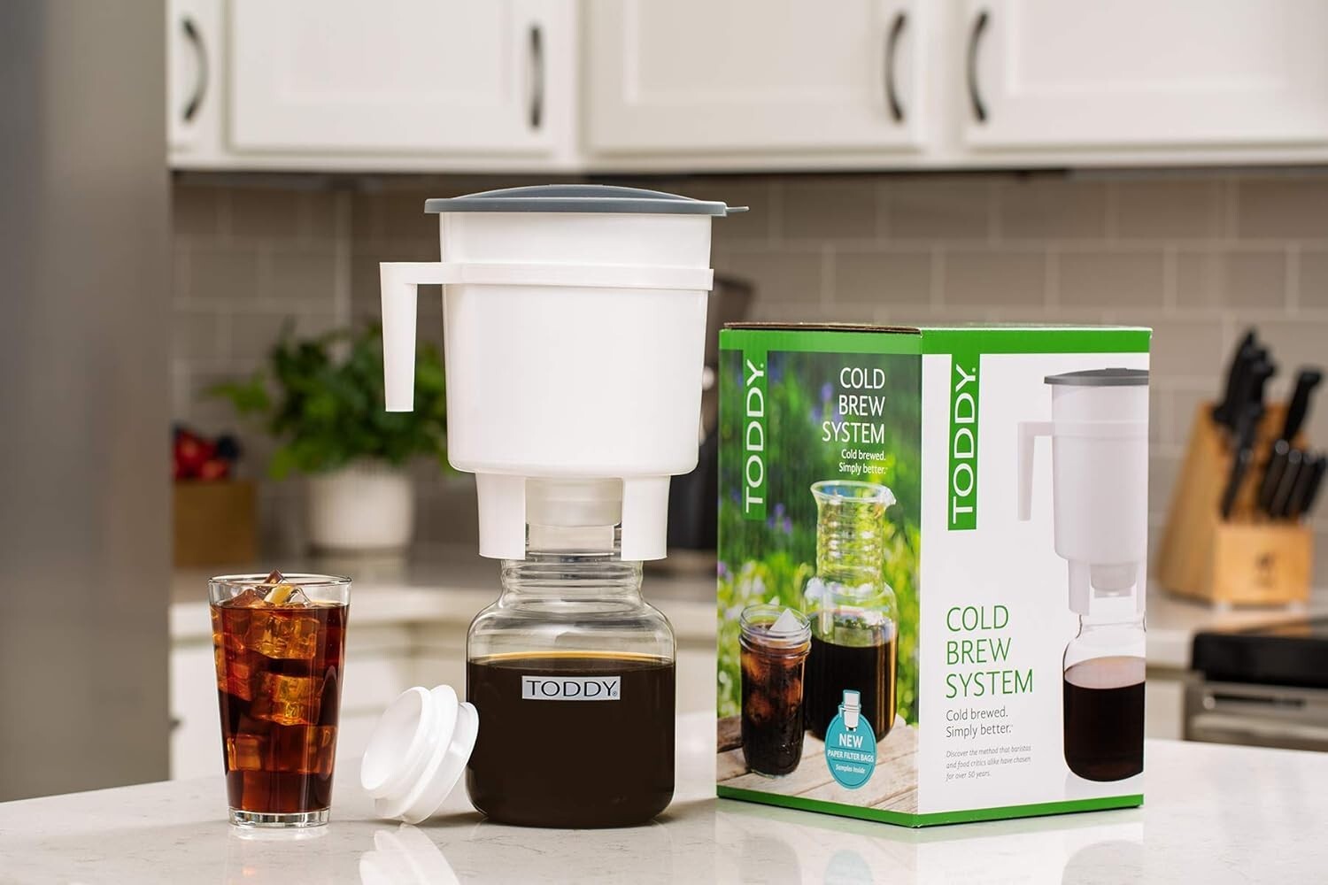 Compact White Cold Brew Coffee Maker - Includes Decanter and Recipe Guide