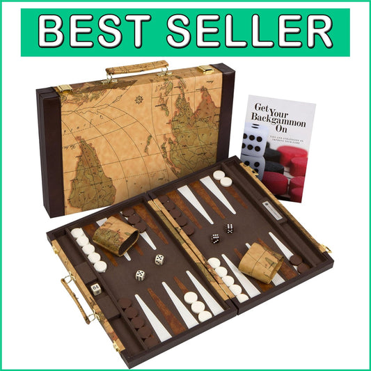 Classic Backgammon Set - Elegant Leatherette Case + Complete Guide Included