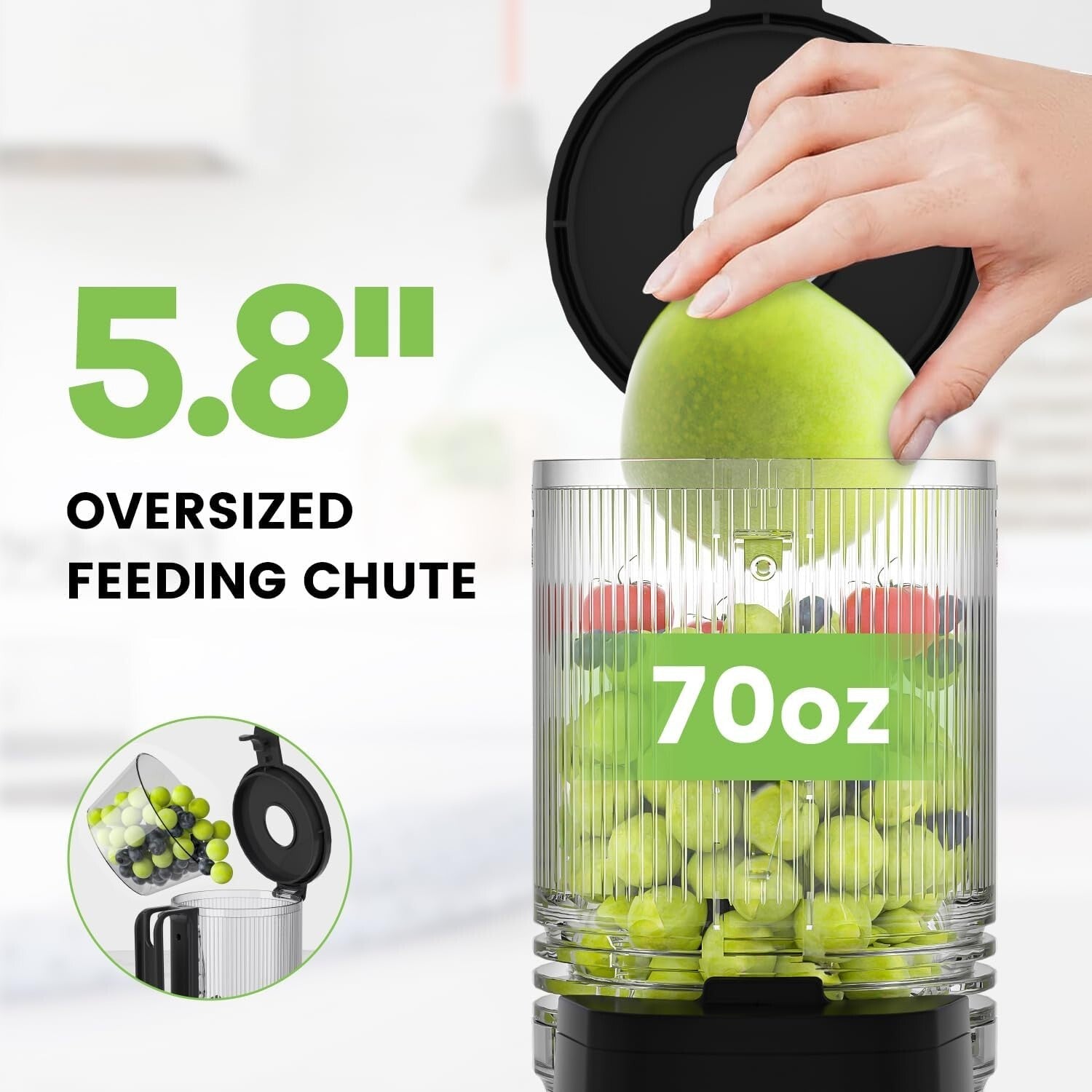 Compact Masticating Juicer - 5.8" Feeding Chute, High Juice Yield & Quiet Motor