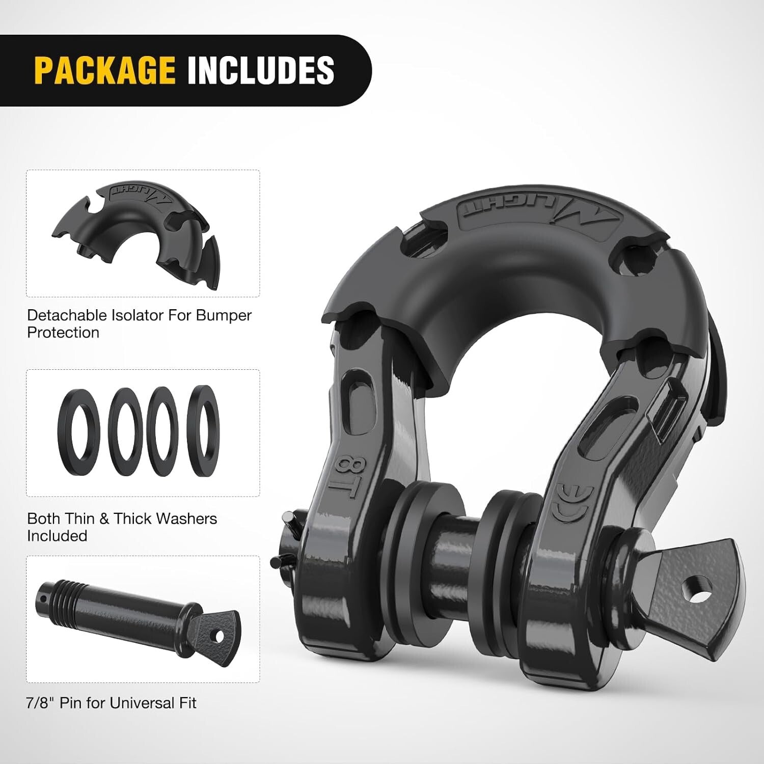 Off-Road Recovery Shackles - 2 Pack Mega D-Ring with Isolator for Safe Towing