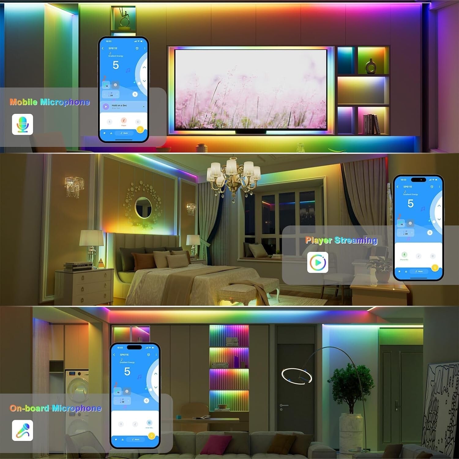 Flexible 16.4ft RGB Smart LED Strip; Music Sync & Timer Functions Included