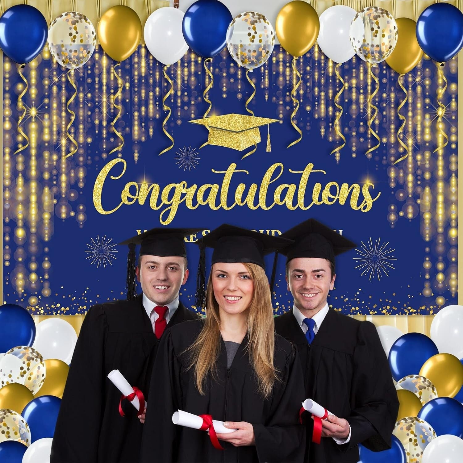 Complete Graduation Decor Bundle - Balloons, Backdrop & Gold Dot Tablecloths