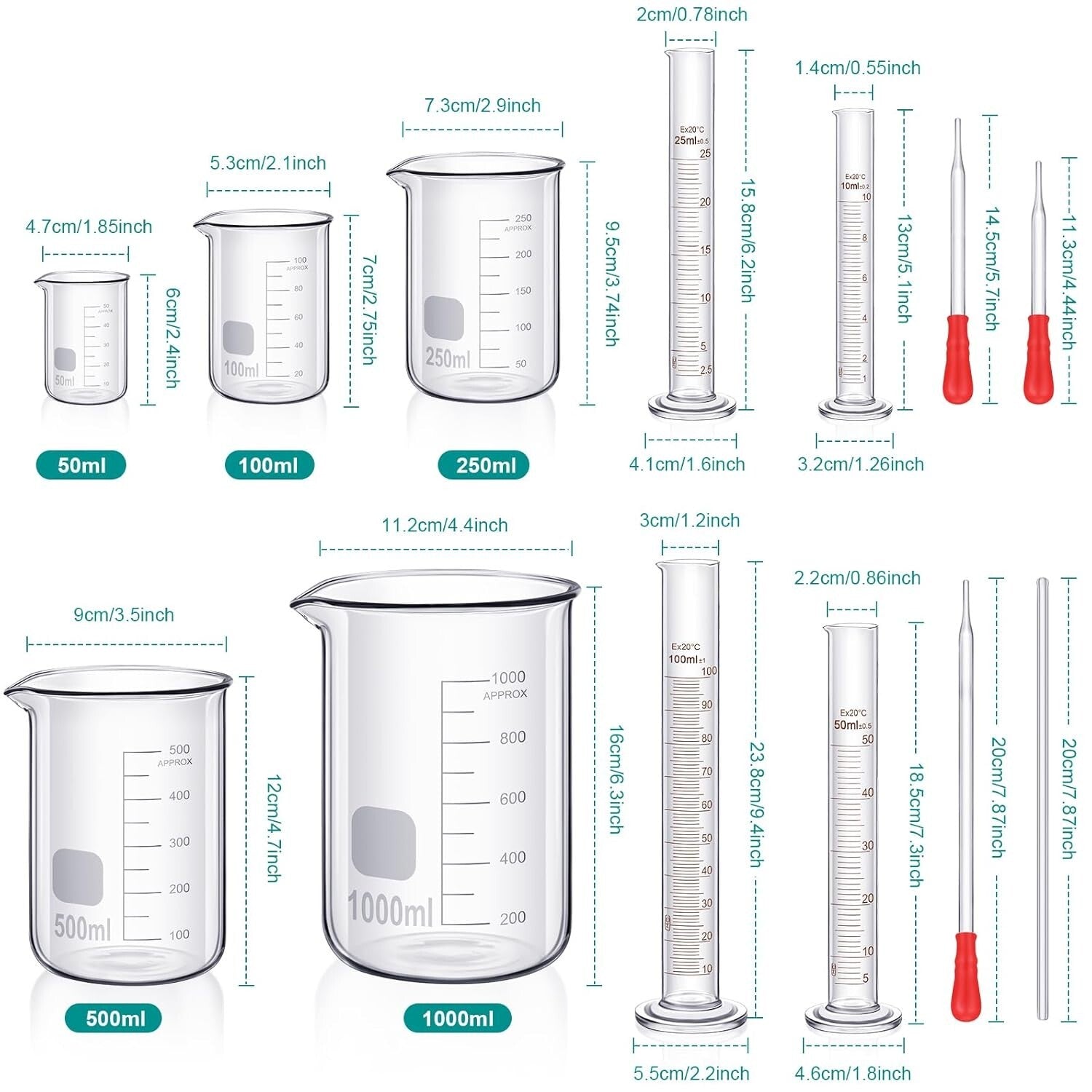 Multi-Size Borosilicate Glass Beaker & Measuring Cylinder Set for Experiments