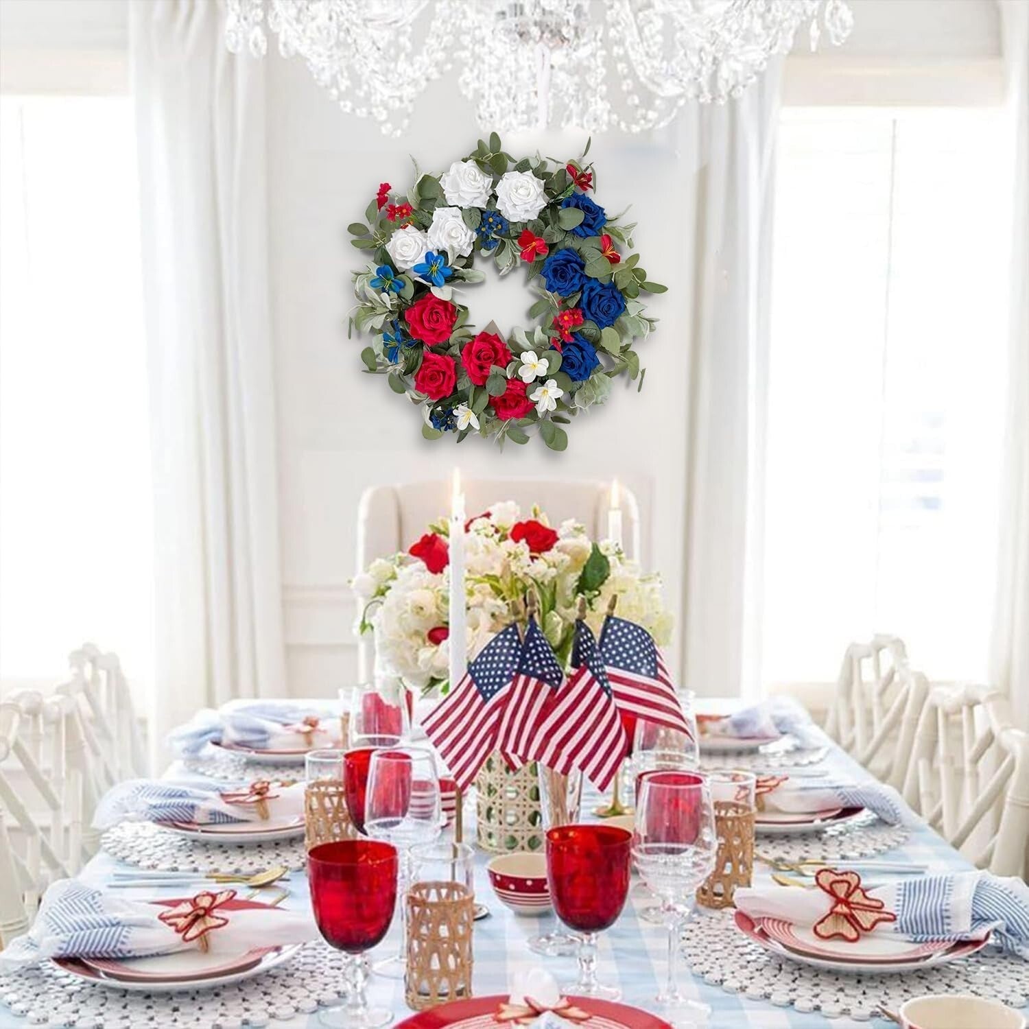 Vibrant 24-Inch Red White Blue Rose Wreath - Perfect for Independence Day