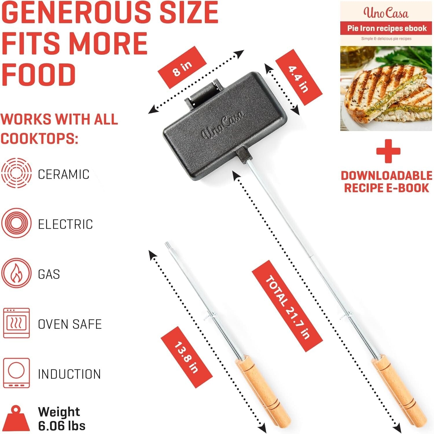 Durable Camping Pie Iron with Recipe e-Book - Perfect for Toasted Pies & More