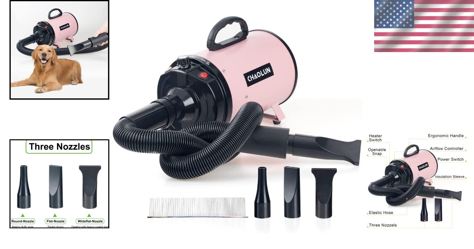 Lightweight Pink Pet Dryer: High Velocity Grooming Tool with Adjustable Speed