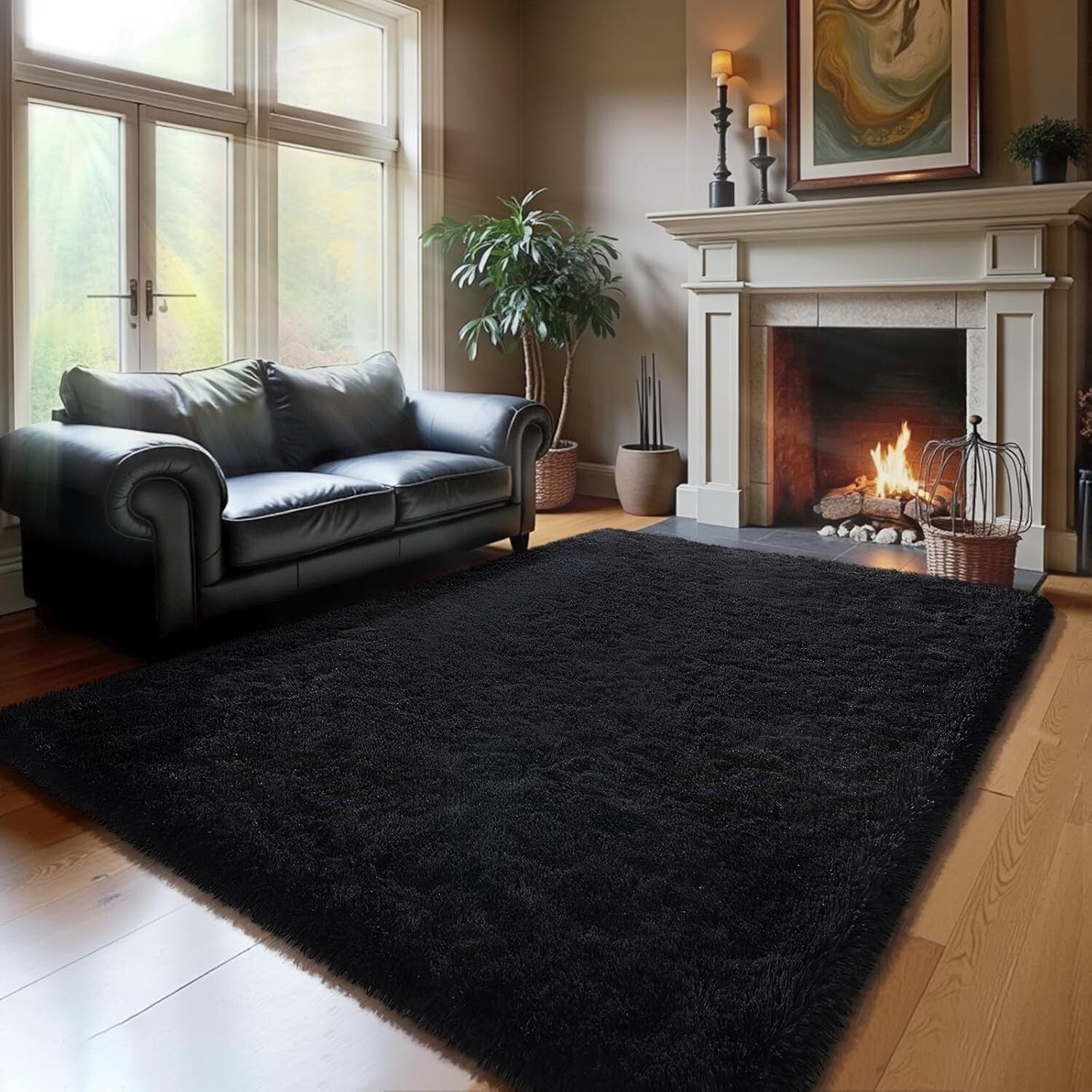 Fluffy Black Area Rug 6' x 9' - Machine Made Soft Rug for Kids & Living Rooms