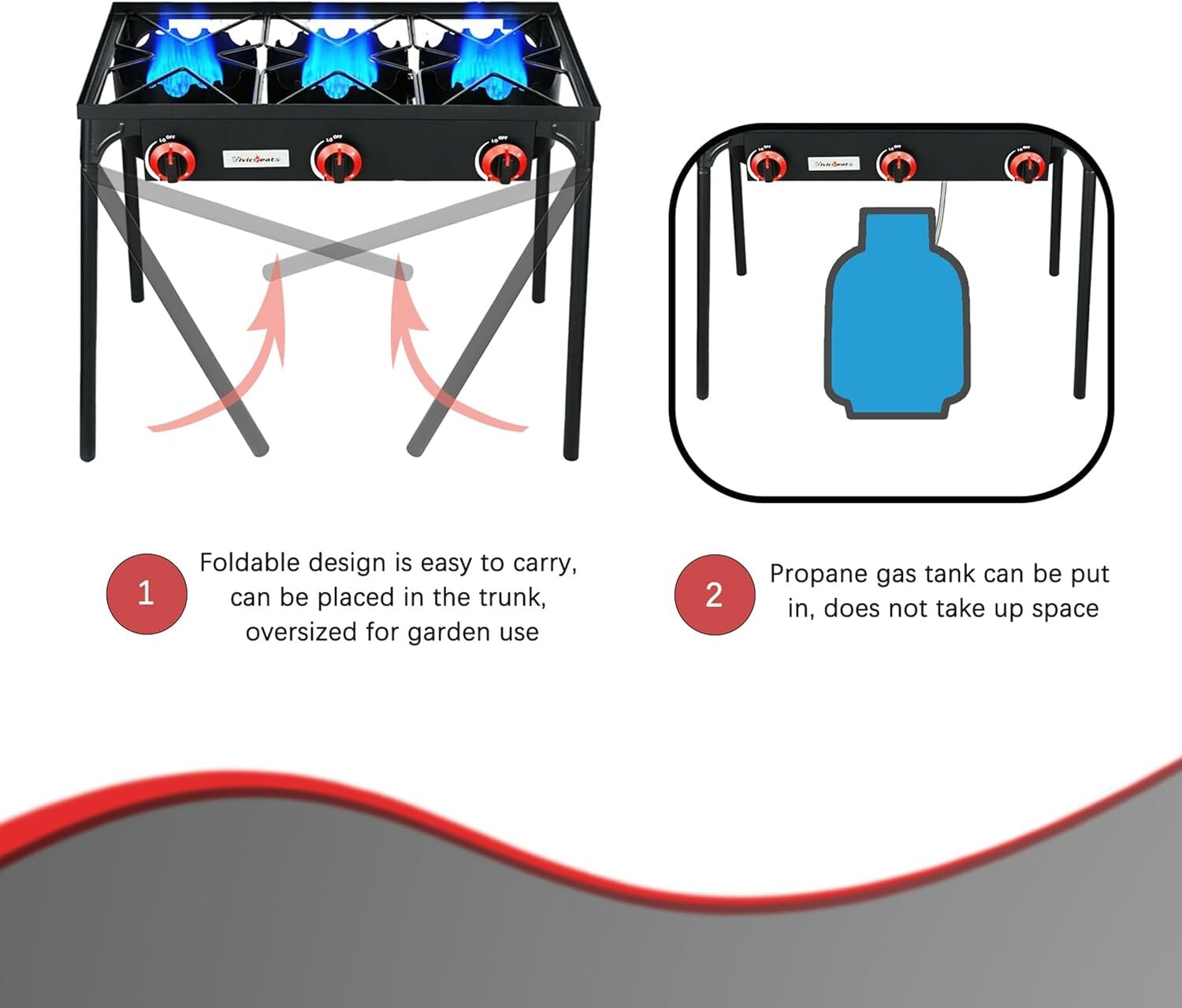 Durable 3 Burner Propane Gas Stove with Removable Legs for Easy Transportation