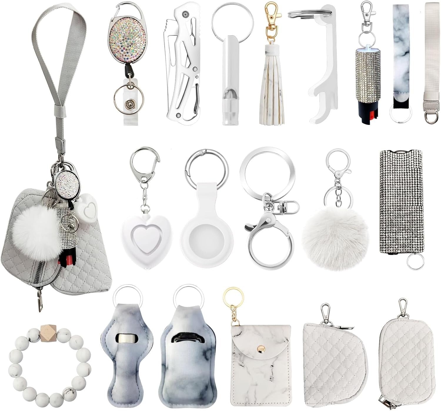 Chic PU Leather Wristlet Keychain Set with Pom Pom & Safety Alarm Accessory