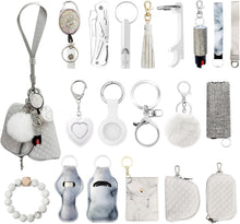 Load image into Gallery viewer, Chic PU Leather Wristlet Keychain Set with Pom Pom &amp; Safety Alarm Accessory