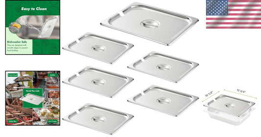 Durable 1/2 Size Stainless Steel Food Pan Covers - Set of 6 with Easy Handle
