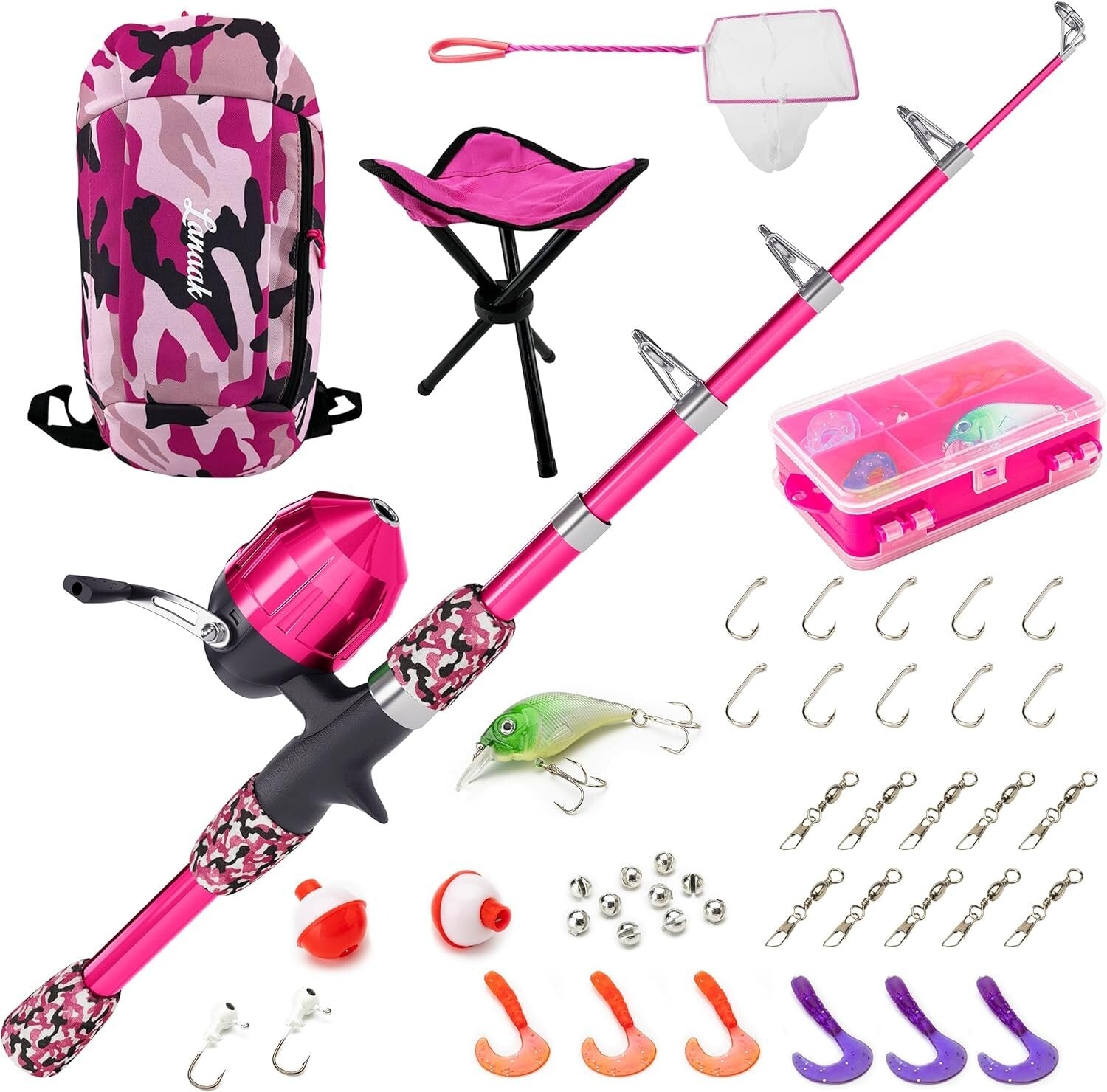 Beginner's Camo Pink Fishing Rod Kit - 65 Inch Telescopic Gear for Kids