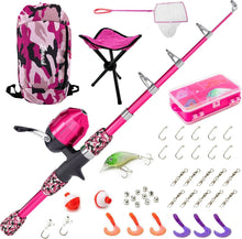 Load image into Gallery viewer, Beginner's Camo Pink Fishing Rod Kit - 65 Inch Telescopic Gear for Kids