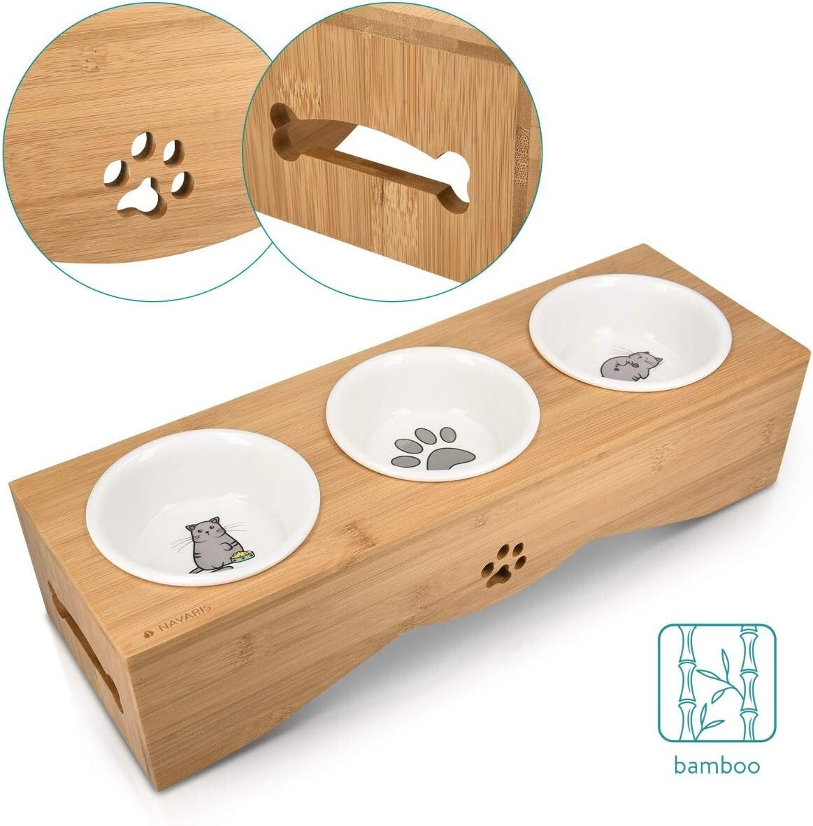 Eco-Friendly Elevated Pet Bowl Set - 3 Ceramic Dishes in Bamboo Stand for Cats