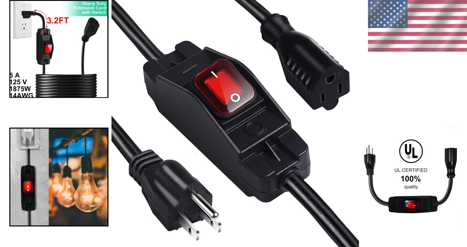 Flexible 25 Ft Heavy Duty Extension Cord with Waterproof Switch for Outdoors