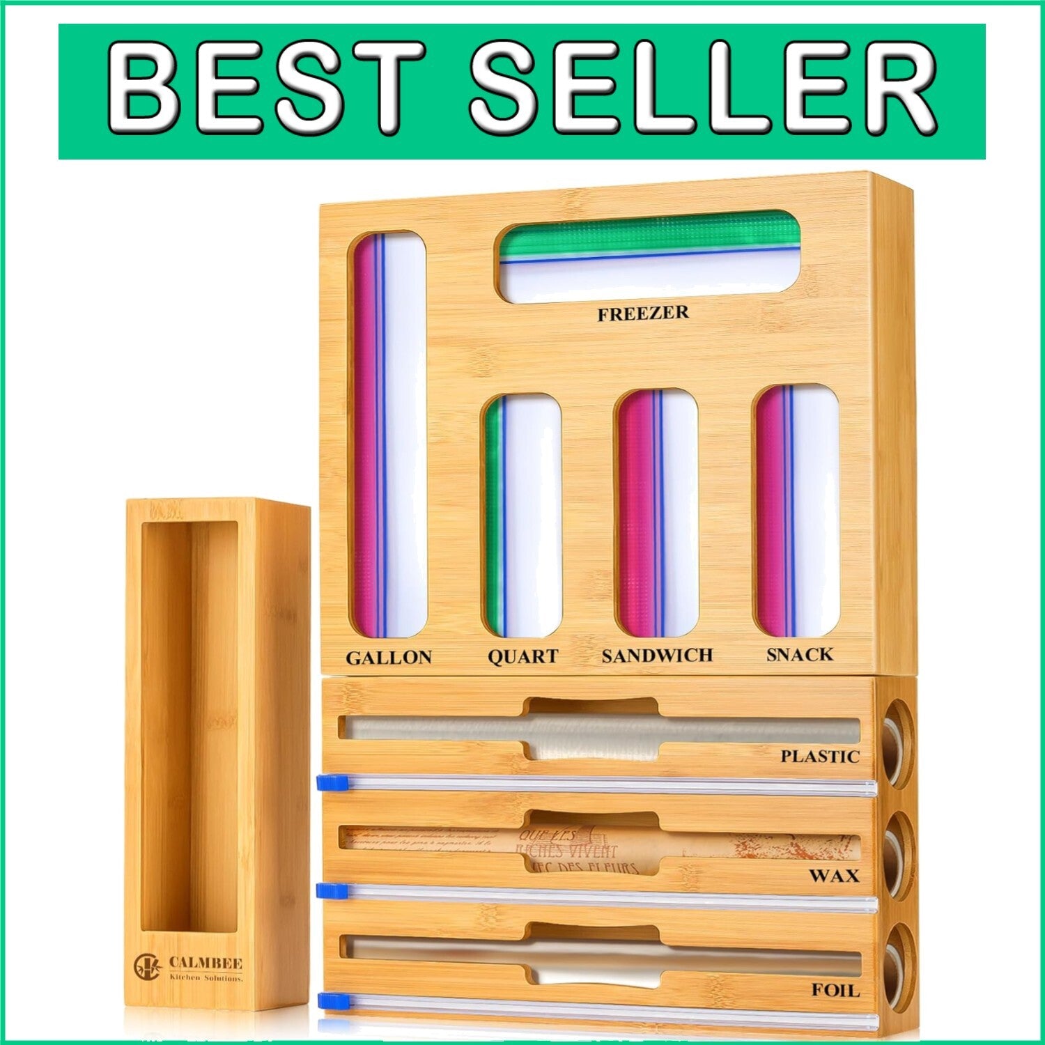 Elegant Bamboo Kitchen Storage Organizer with Slide Cutter & Labels Included