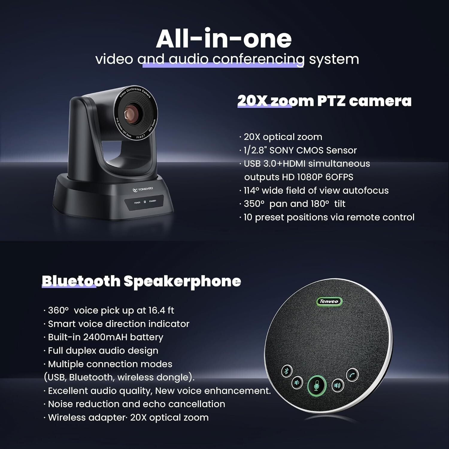 20X Optical Zoom 1080P PTZ Conference Camera System with Bluetooth Speakerphone
