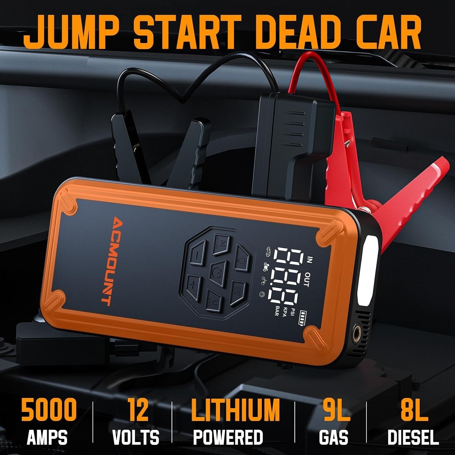 5000A Portable Jump Starter and Tire Inflator with LCD Display & Accessories
