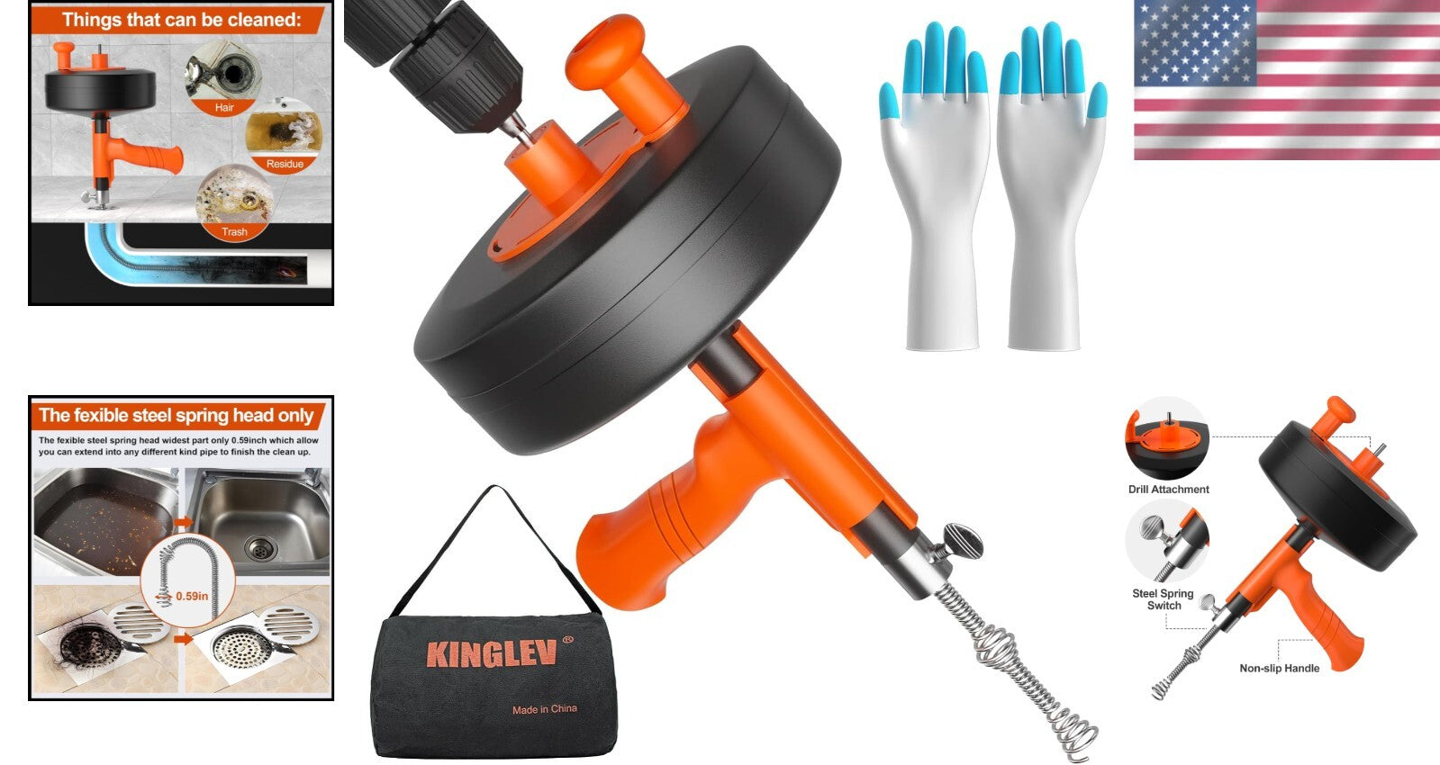 50ft Flexible Steel Drain Snake with Drill Adapter - Heavy Duty Clog Remover