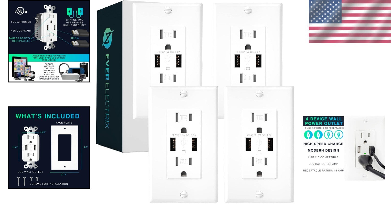 Modern 4-Pack USB Outlets - 15Amp Tamper-Resistant, Ideal for Versatile Use
