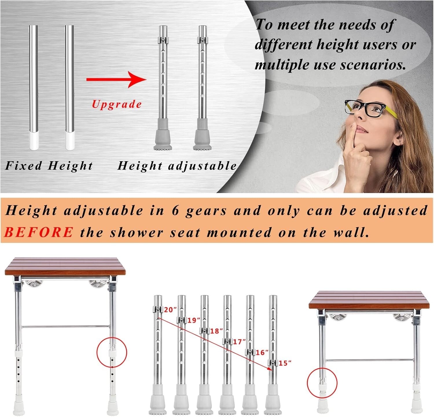 Height Adjustable Folding Shower Seat Wall-Mounted with Legs for Small Spaces