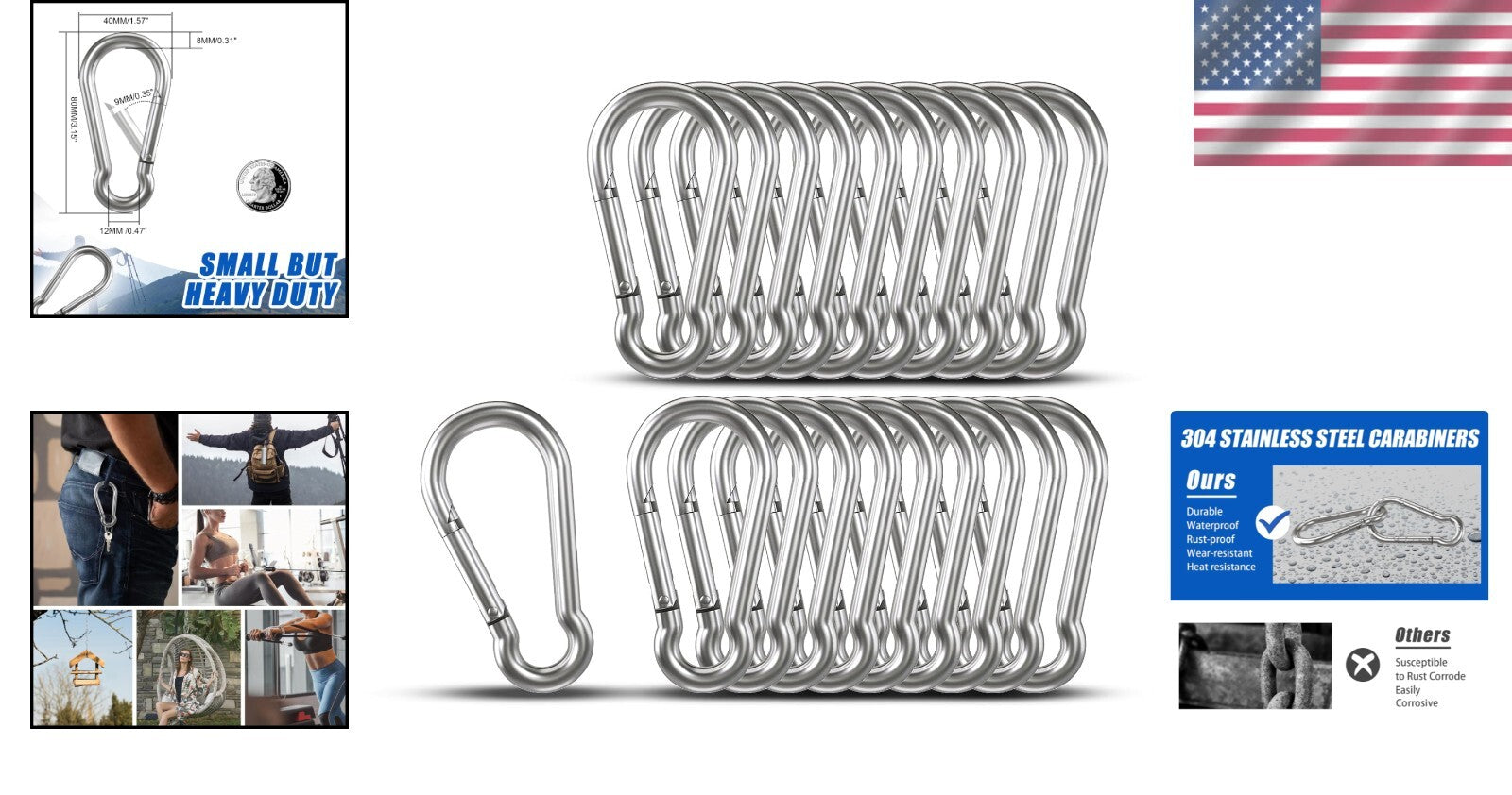 3.15 Inch Reliable Stainless Steel Carabiner Clips - 20 Pack for Versatile Use