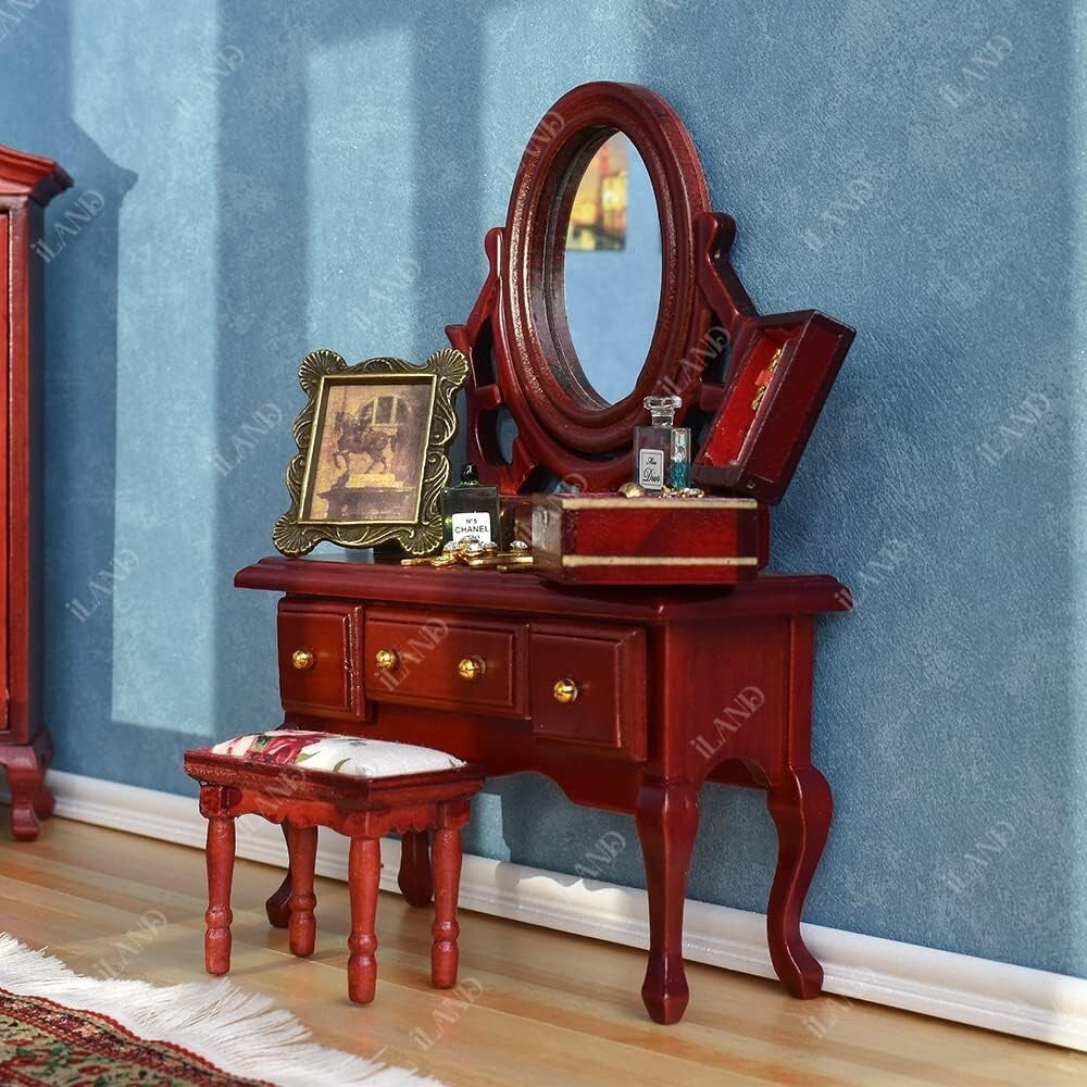 6-Piece Mahogany Dollhouse Furniture Set - Includes Bed, Wardrobe & More