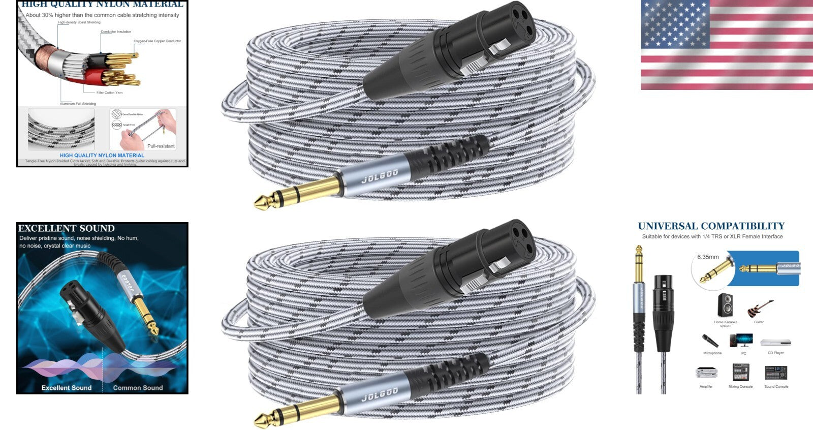 50FT XLR Female to 1/4 TRS Balanced Cable, 2 Pack for Professional Audio