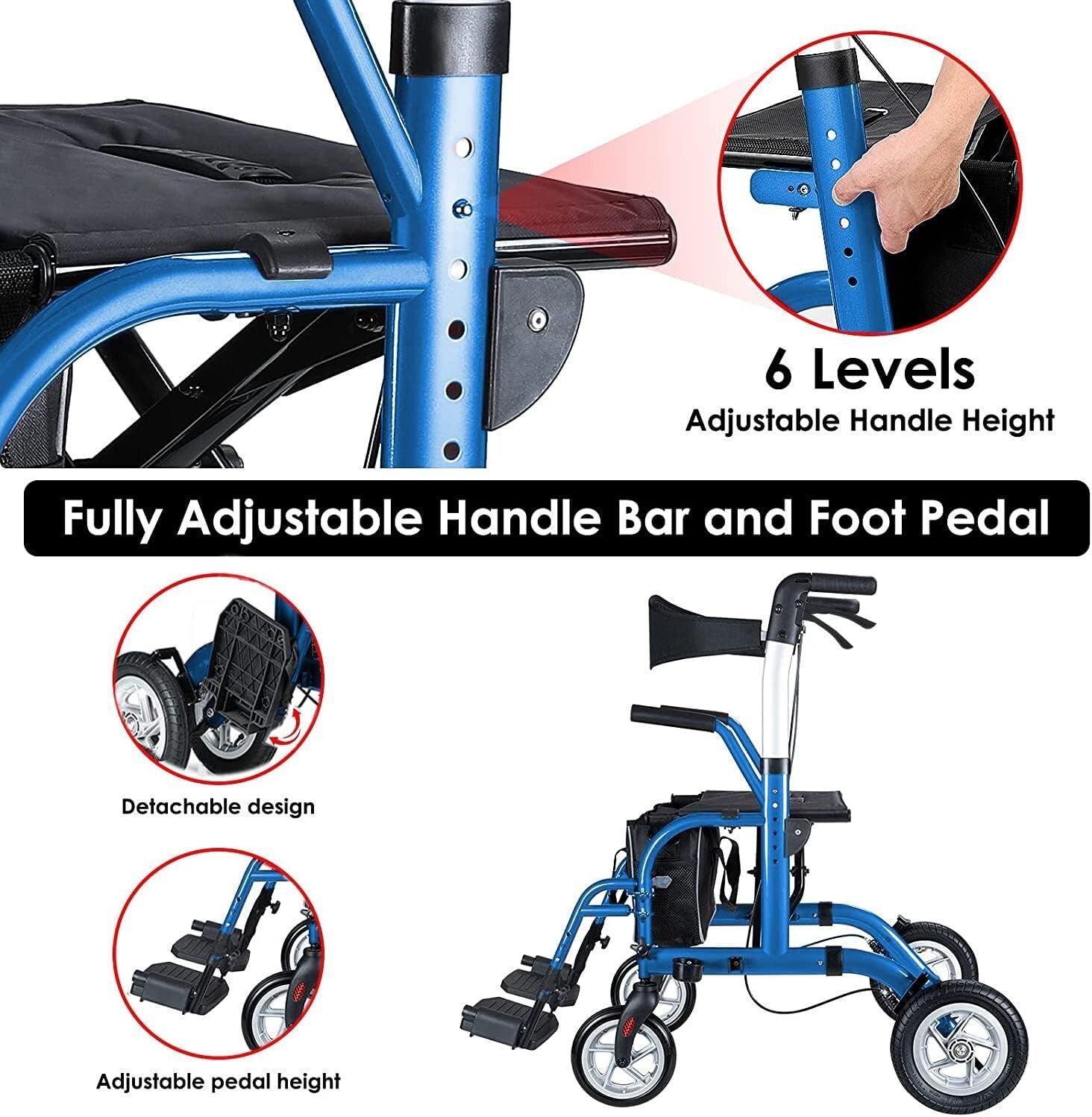 Folding 2 in 1 Rollator Walker with Seat - Durable Aluminum, Adjustable Height