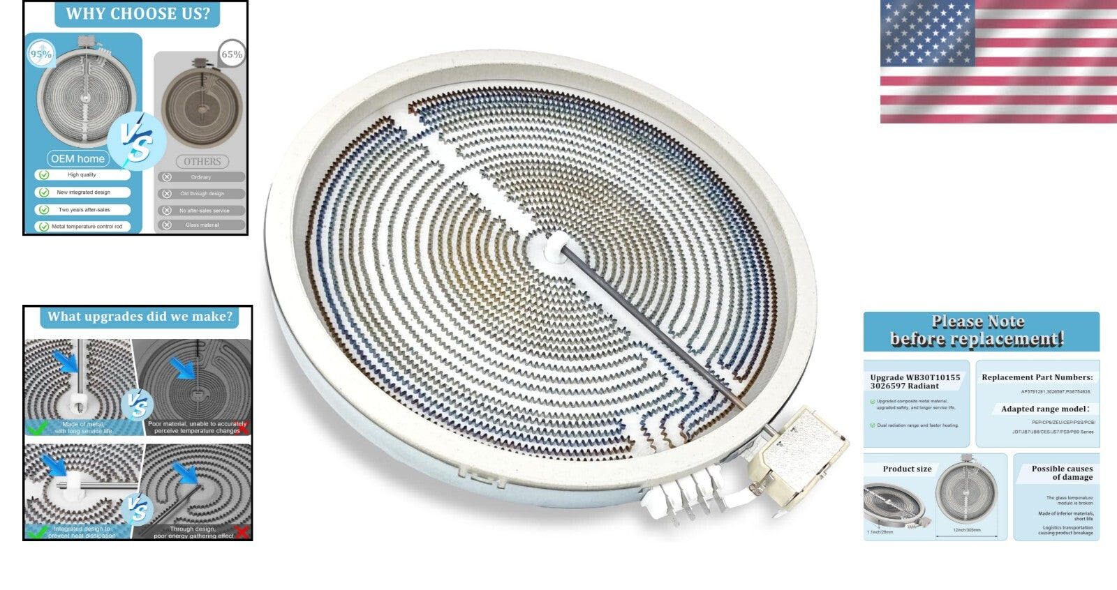 Upgraded 12in Radiant Surface Element Compatible with GE Glass Top Stoves