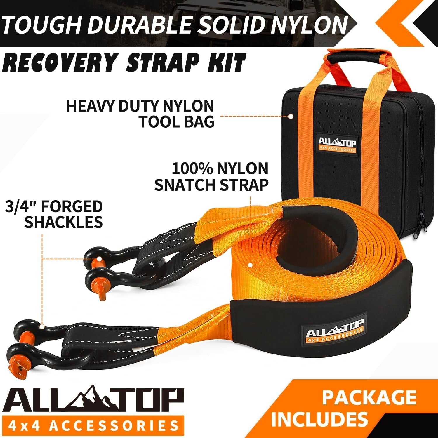 Weather-Resistant 4" x 30' Tow Strap Kit with 22% Elongation for Safe Recovery