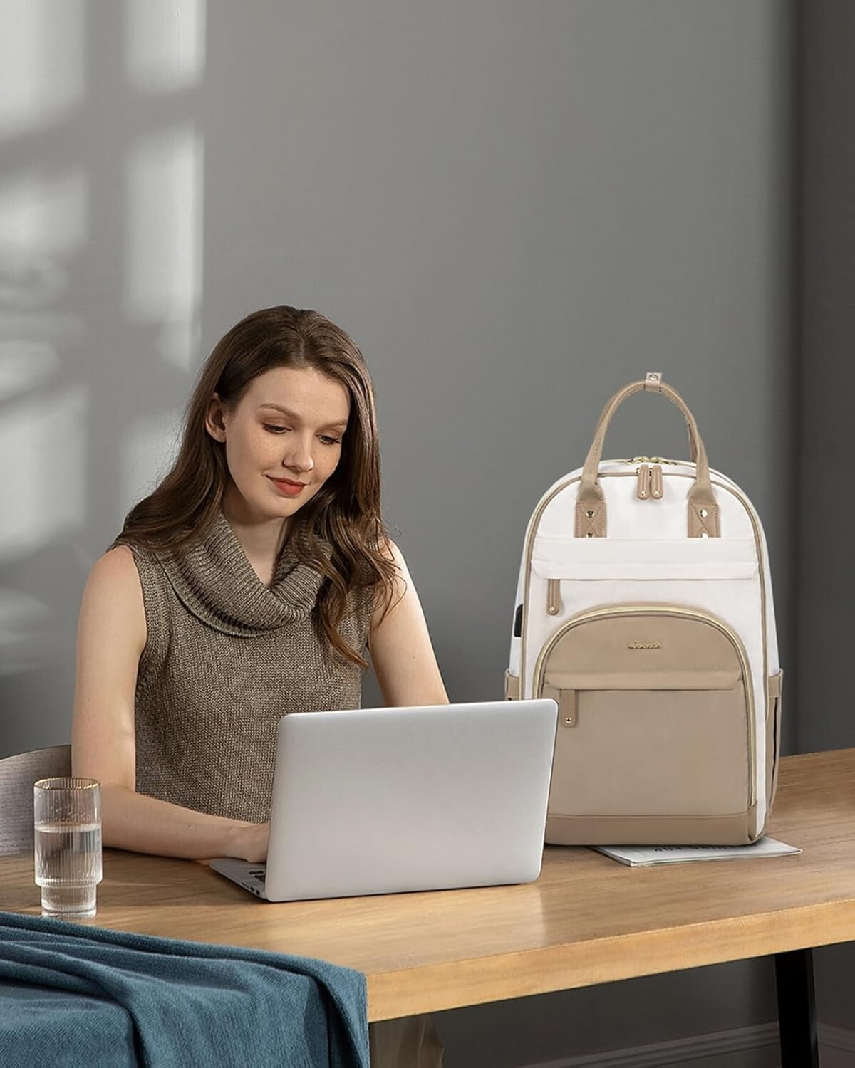 Durable USB Charging Backpack for 15.6 Inch Laptop - Water-Resistant Beige-Khaqi