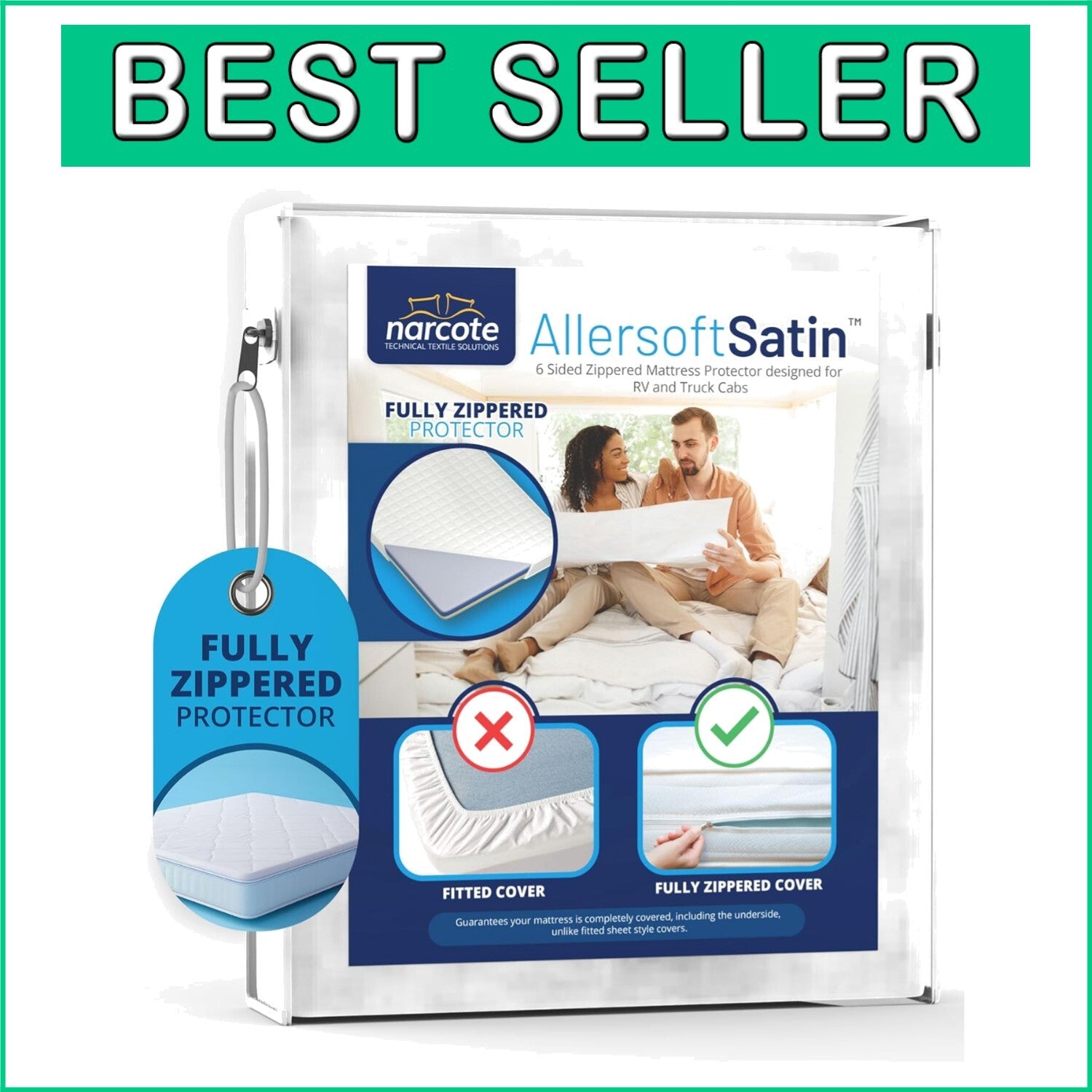 Flexible Fit Waterproof RV Mattress Cover with Allergy Protection - Queen Size