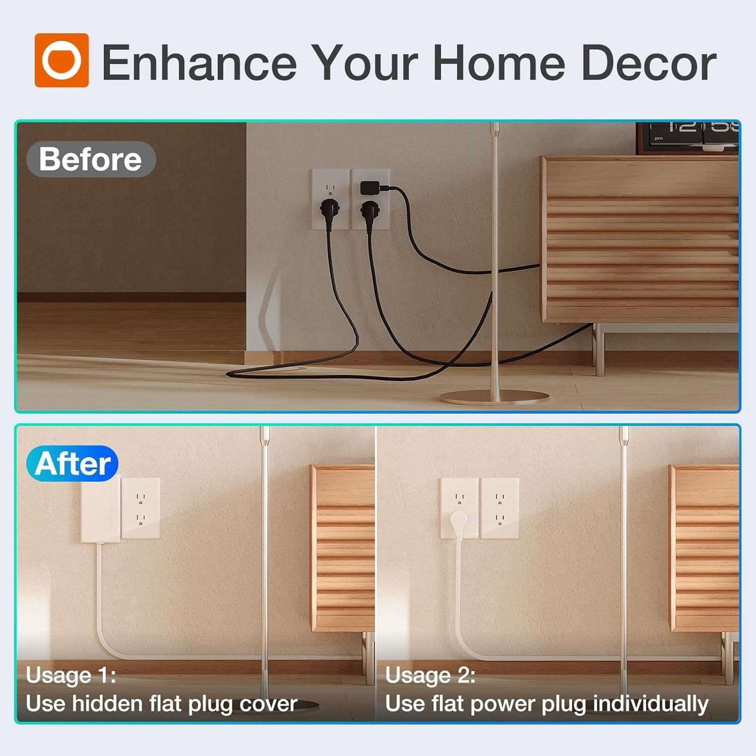 Space-Saving 6FT Power Strip with 3 Outlets, 2 USB Ports, & Safety Clips - 2Pack