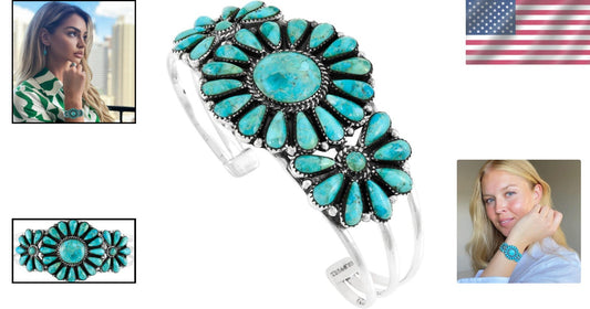 Handmade Adjustable 925 Sterling Silver Turquoise Cluster Bracelet for Women
