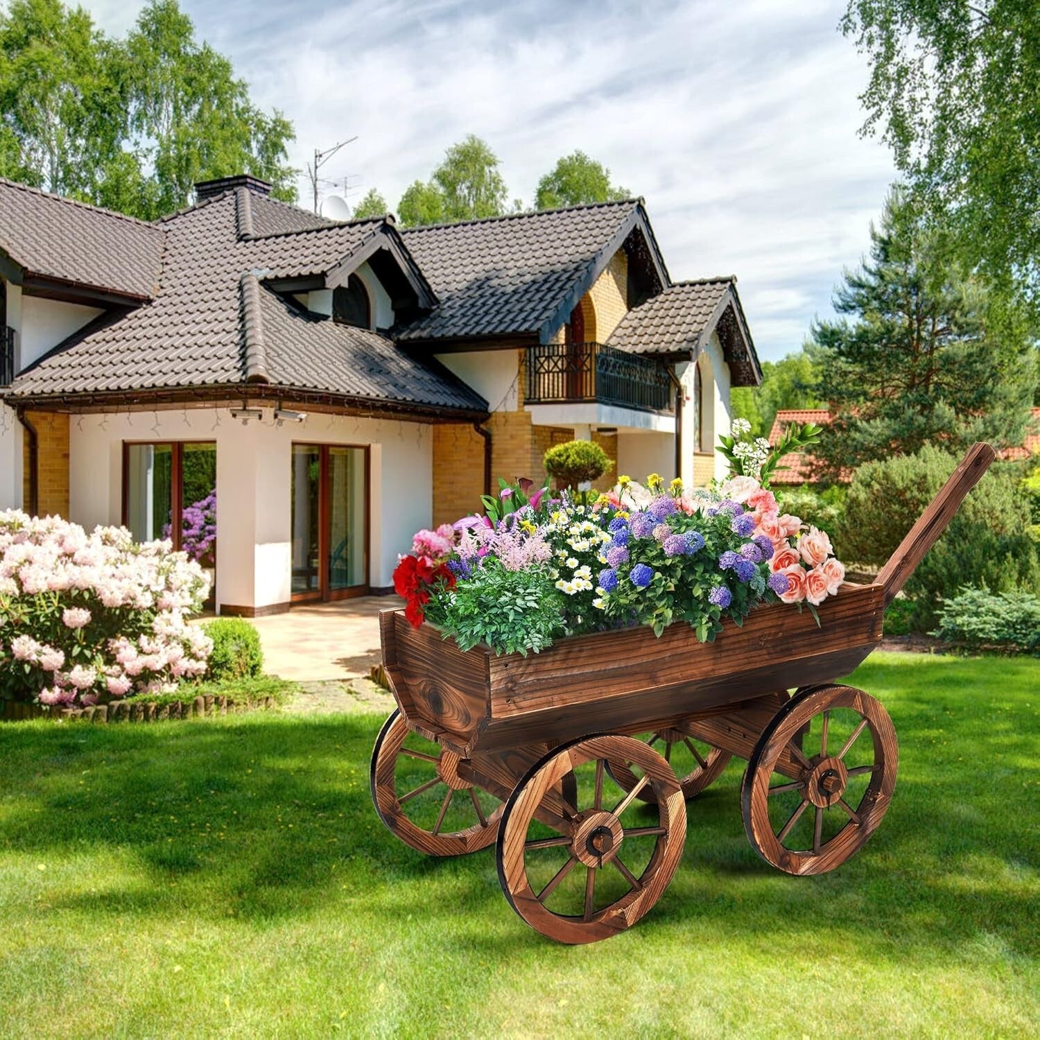 Adjustable Wooden Garden Cart with Wheels for Charming Outdoor Flower Display