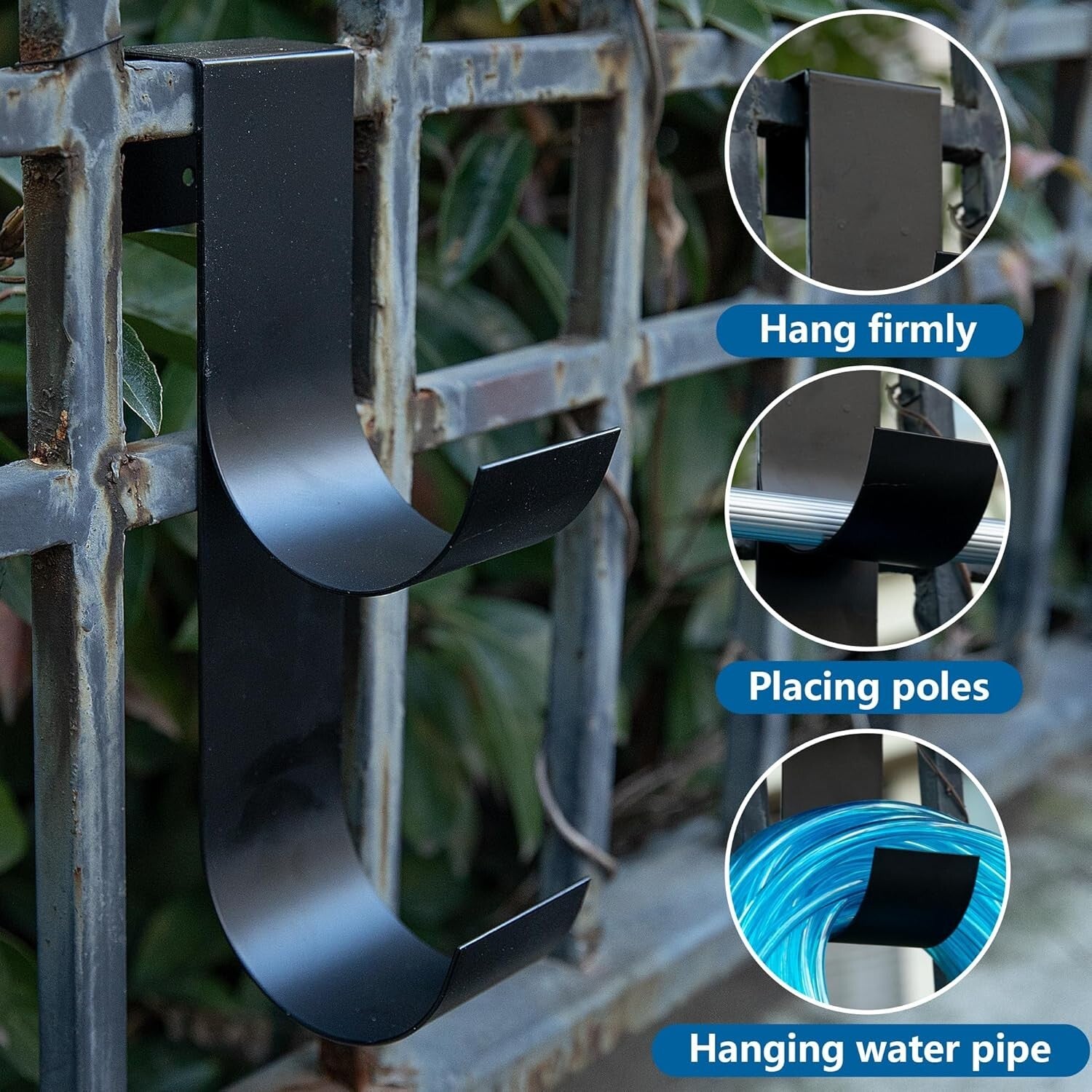 4-Piece Heavy-Duty Pool Fence Hooks - Slip-On Black Hangers for Outdoor Storage