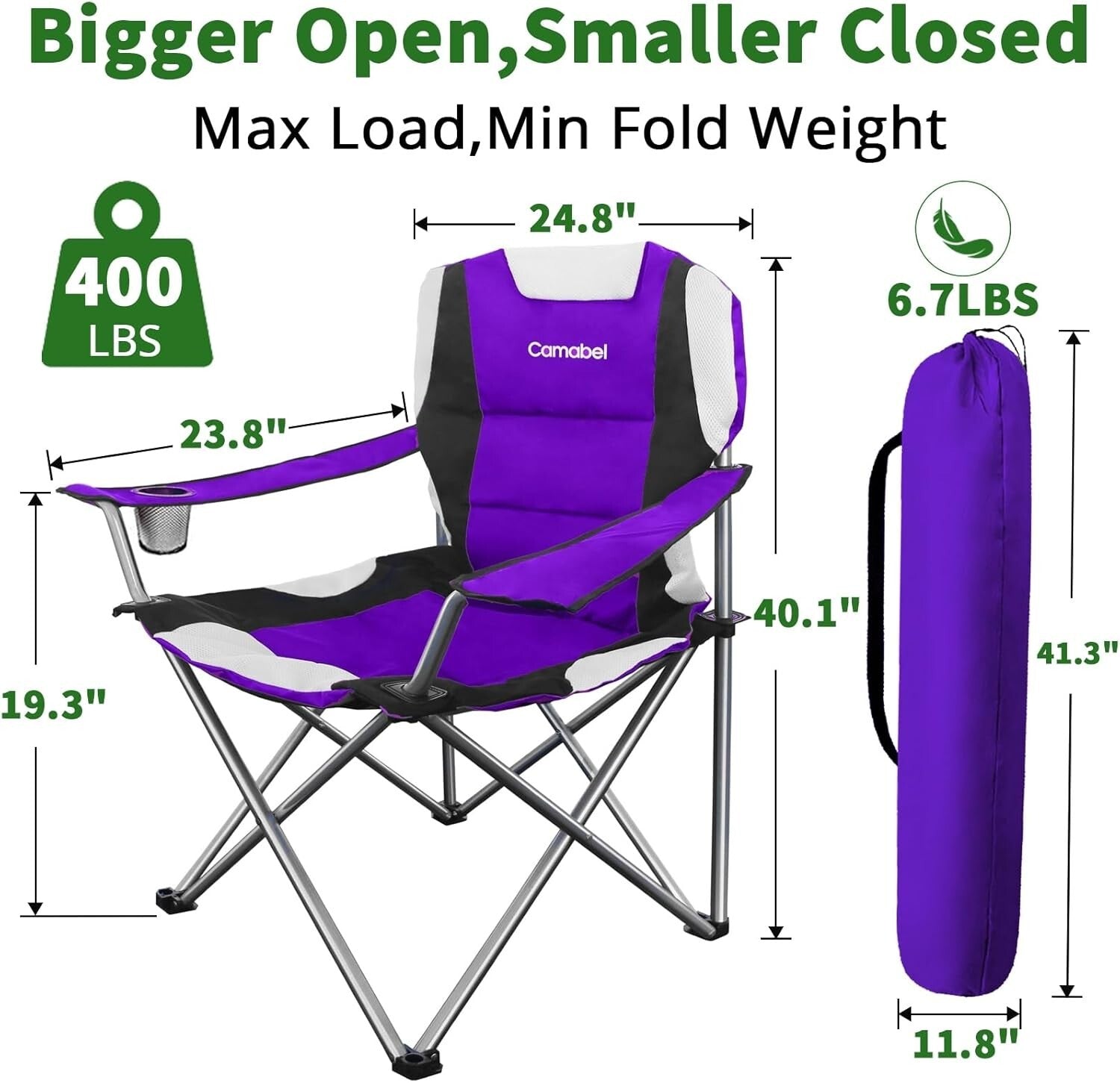 Extra Large Folding Camping Chair - 400lbs Support - Lightweight Purple Design