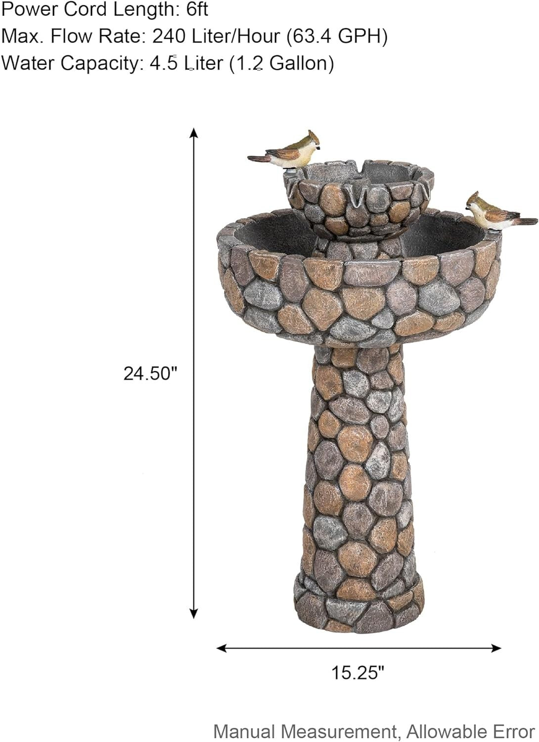 Lifelike Birds Decorated 2-Tier Faux Pebbles Fountain—Stylish Addition to Patios