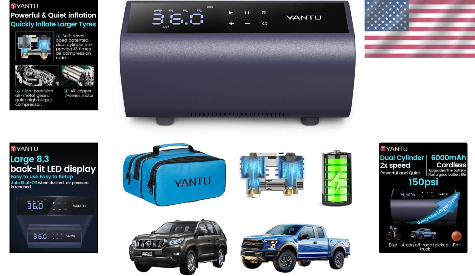 Portable 12V Dual Cylinder Tire Air Compressor with Automatic Shut-Off & Display