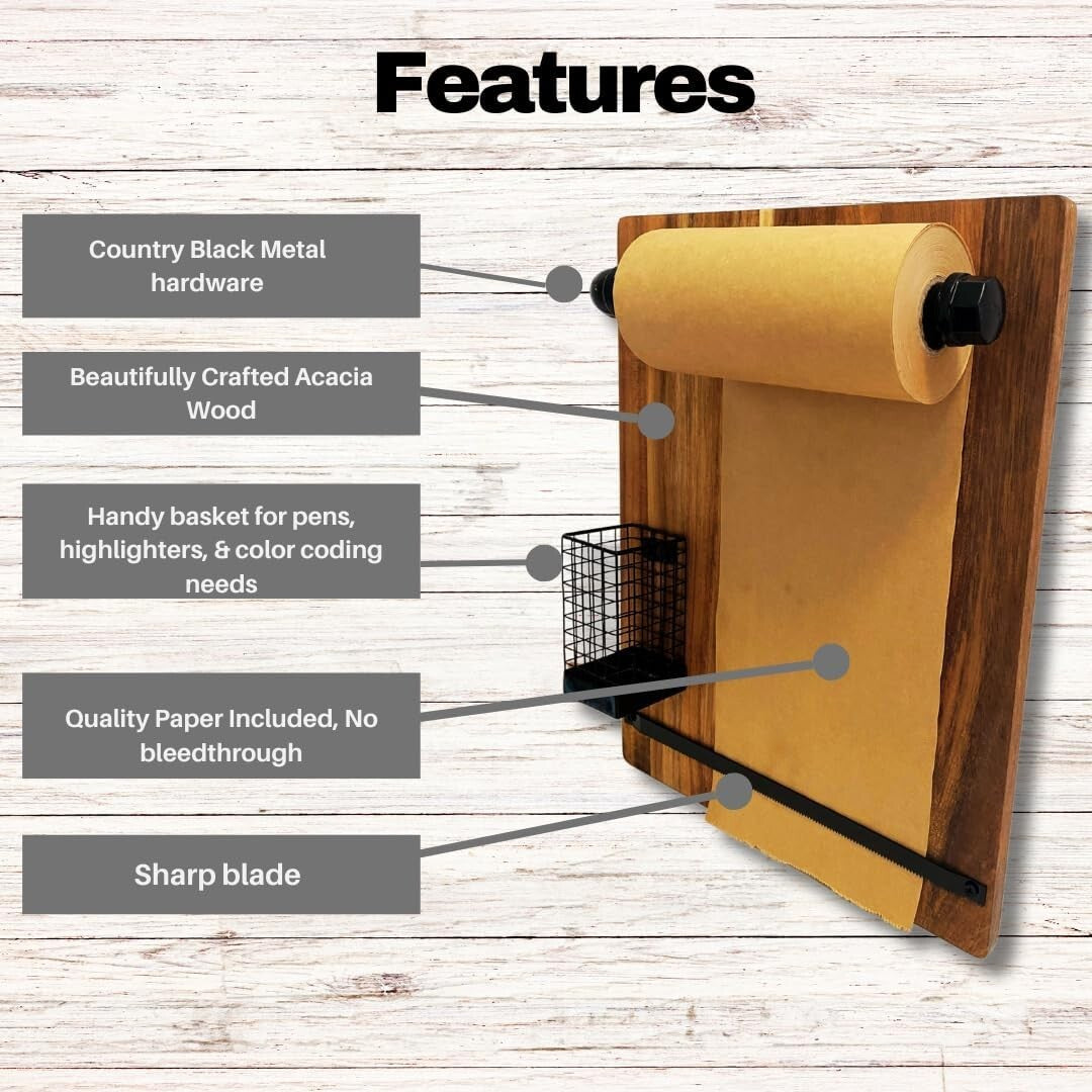 Rustic Acacia Wood Kraft Paper Dispenser - Elegant Wall-Mounted Memo Board