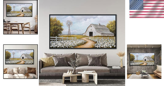 Large Retro Landscape Canvas - Wildflower Meadow with Windmill & Barn, 29x58in
