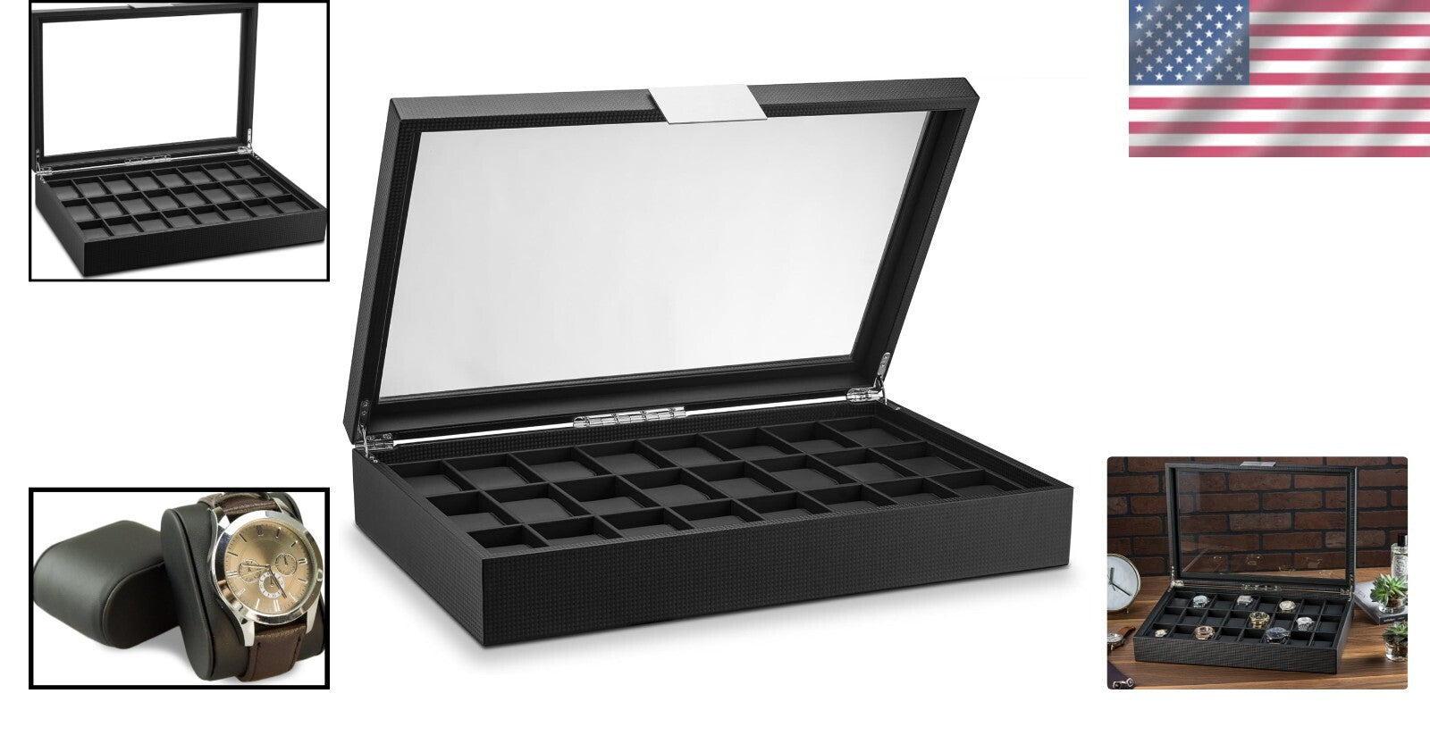 Elegant Black 24 Compartment Watch Organizer - Perfect Gift for Watch Collectors