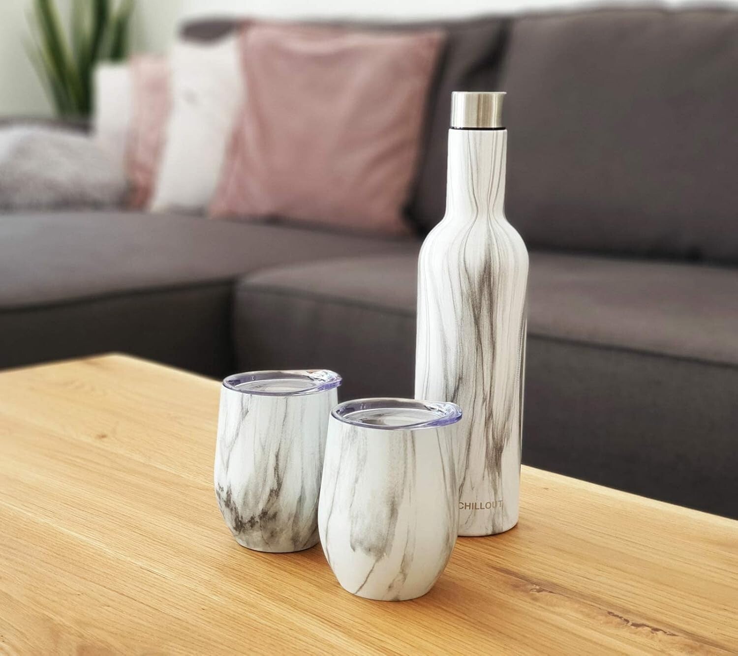 Insulated Wine Tumblers & Bottle - Carrara Marble Design for Outdoor Elegance