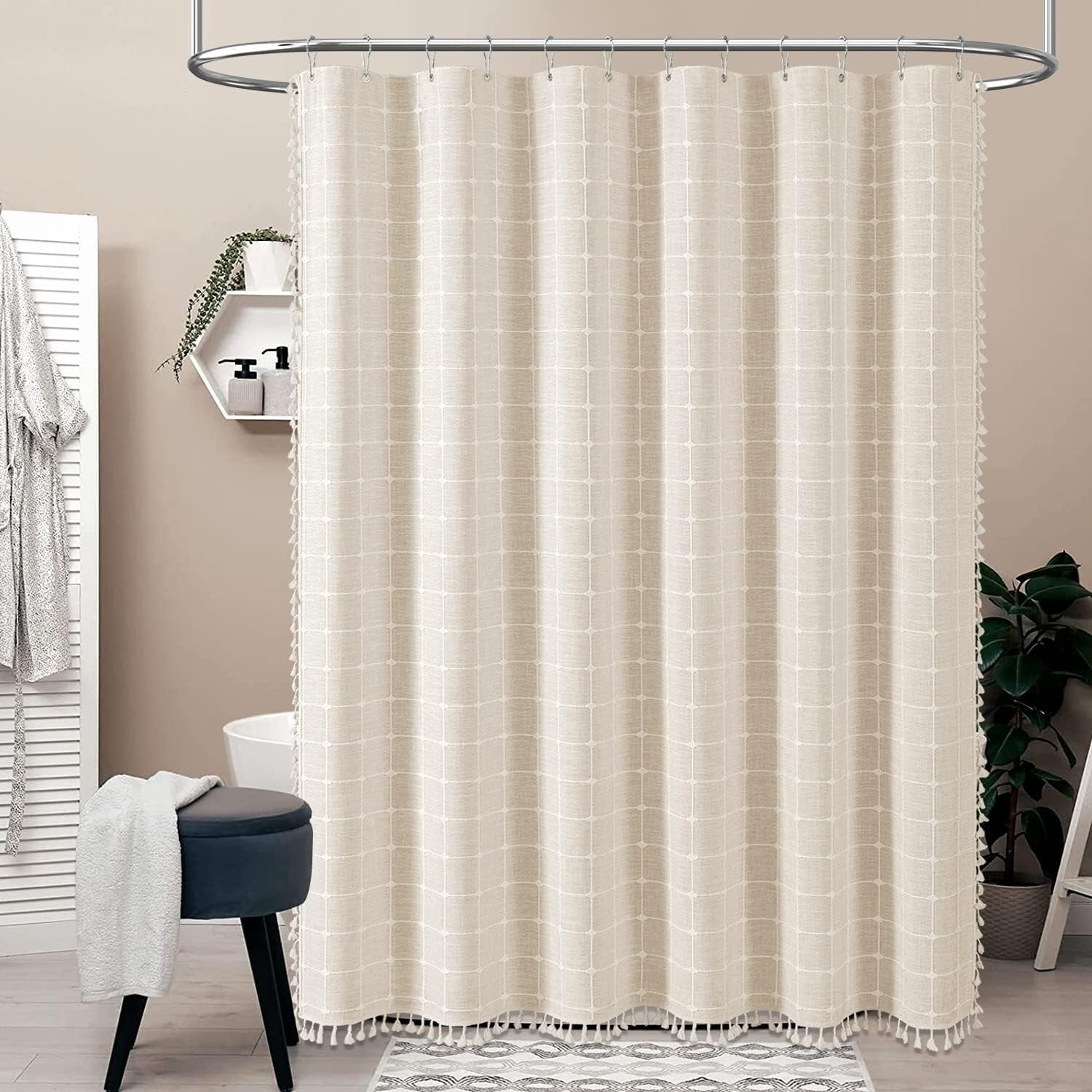 Luxurious 72x84 Inch Water-Repellent Linen Blend Shower Curtain with Tassels