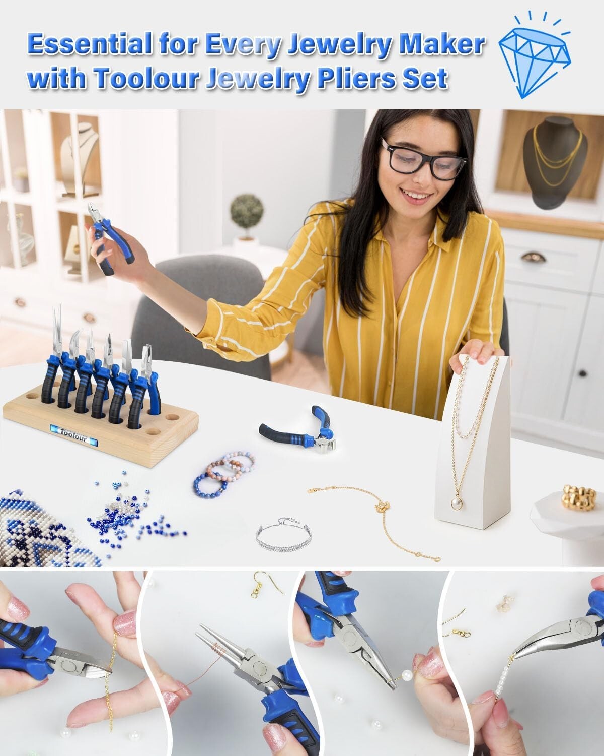 8-Pcs Professional Jewelry Pliers Set with Wood Holder for Crafting Perfection