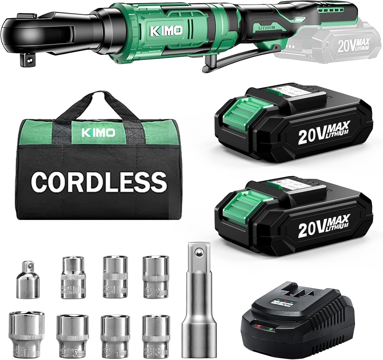 Battery Powered 20V Ratchet Wrench Set - Compact with Extension Bar & Adapters