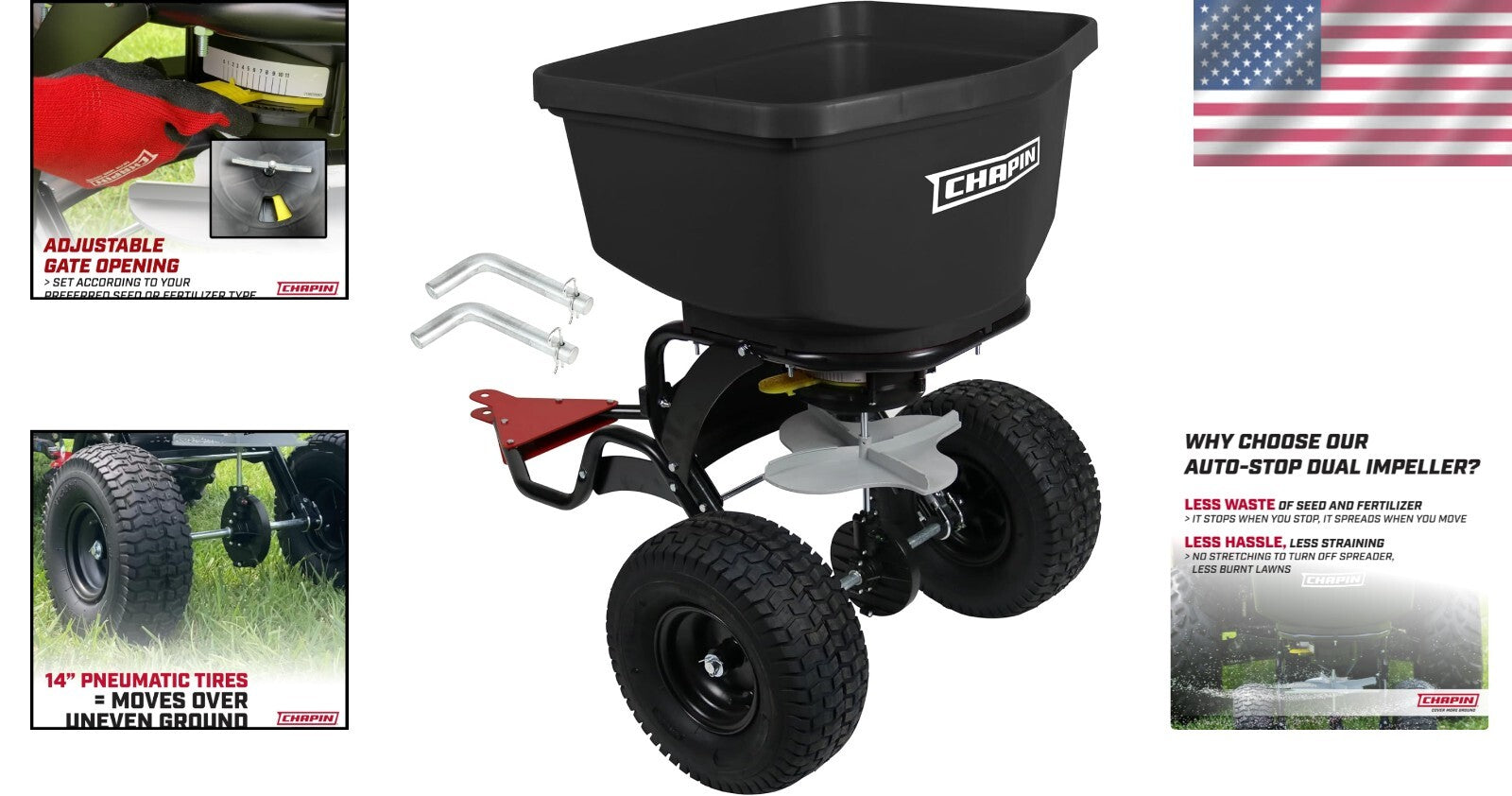 2.2 Cu Ft Tow Behind Spreader: Auto-Stop Dual Impeller & Heavy-Duty Tires
